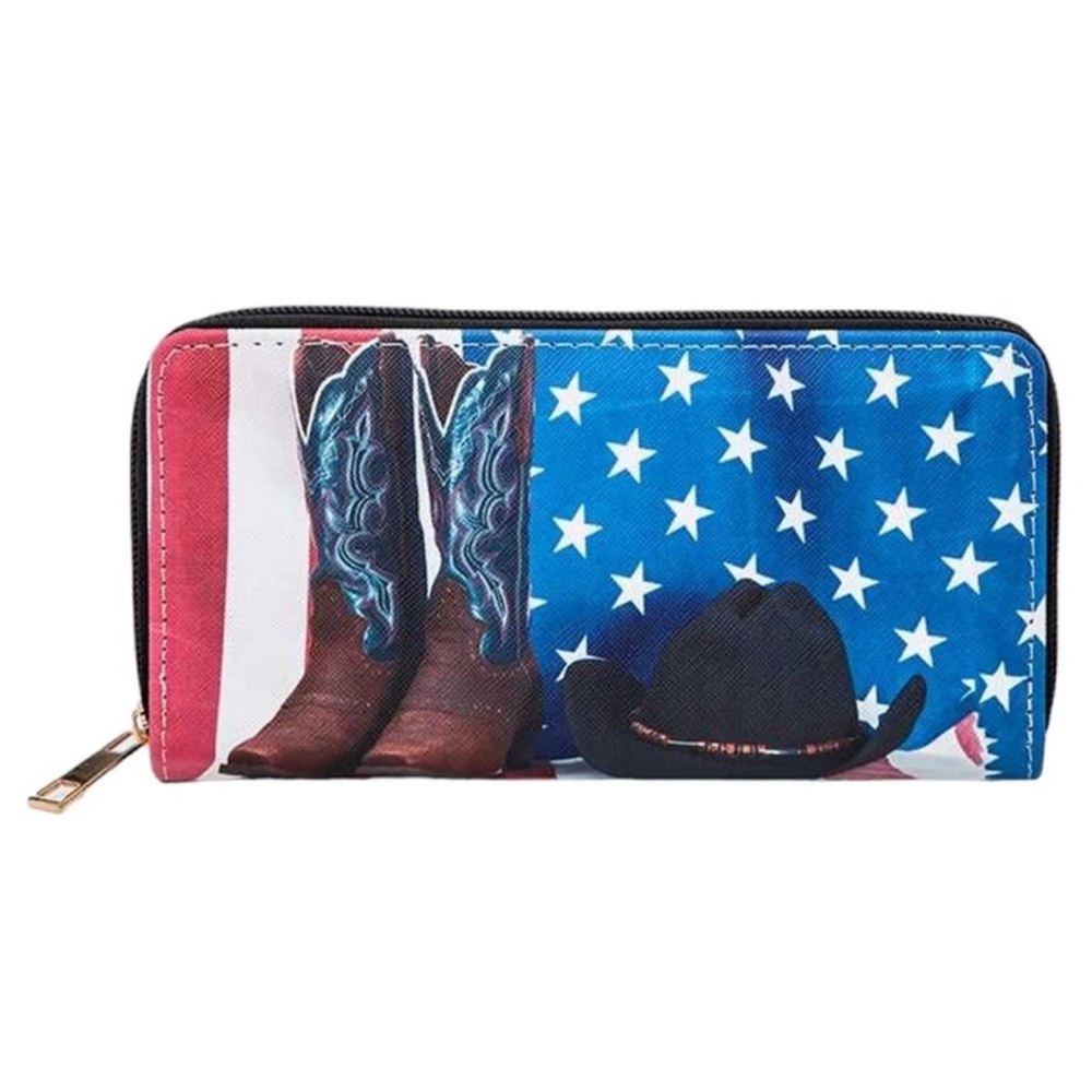 NWT PU leather accordion wallet American flag western hat and boots patriotic